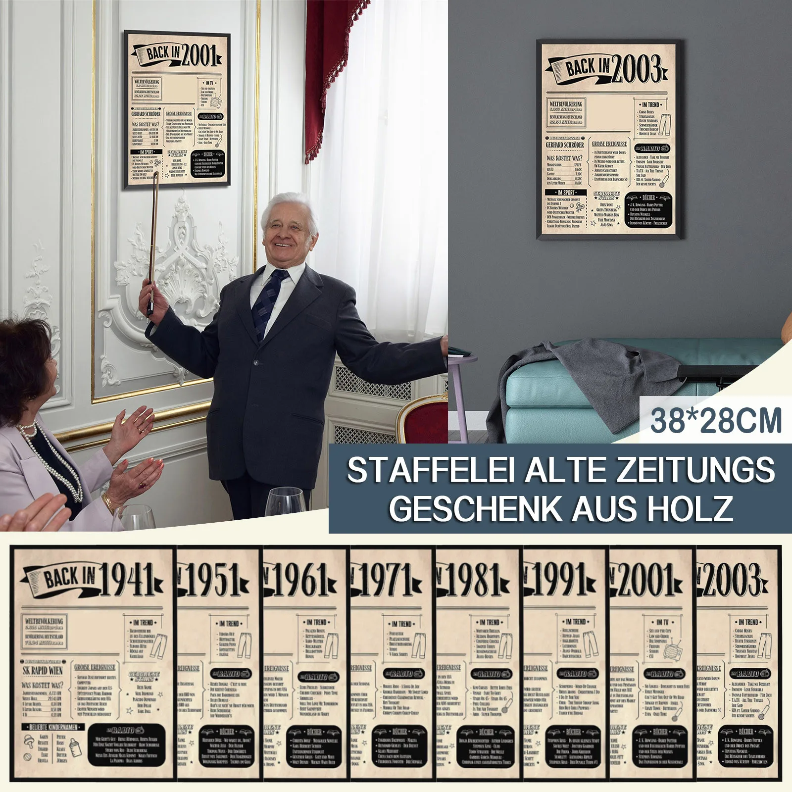 Деревянный постер с изображением старой газеты подарок на день рождения 80 го
