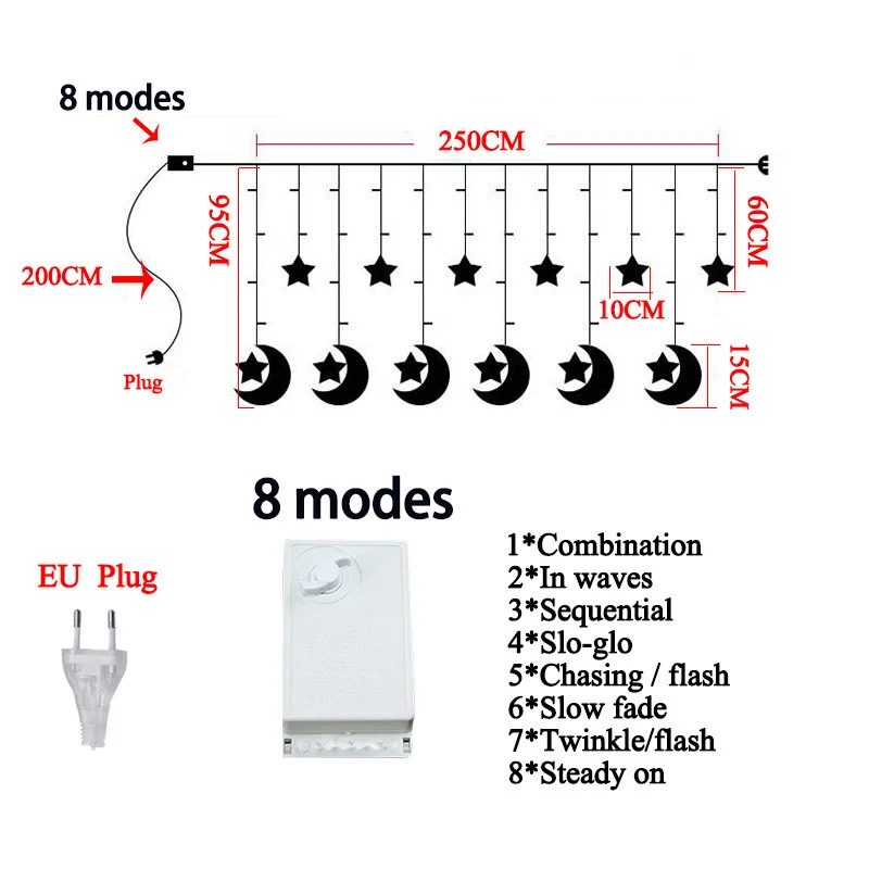 

220V EU Plug LED Moon Star Curtain String Lights Christmas Garland Fairy Lights for Garden Party Room Wedding Ramadan Decoration