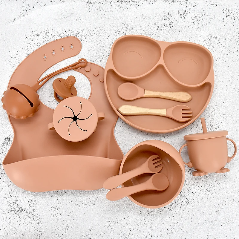 

11Pcs/Set BPA Free Baby Silicone Tableware Waterproof Bib Solid Color Dinner Plate Sucker Bowl And Spoon Cup Set For Children