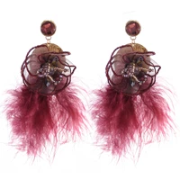 new korean style feather drop earrings for women bridal yarn flower acrylic beads statement hanging earrings party jewelry gift