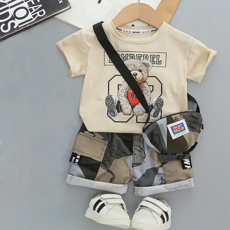 Cool Kid Boys 2021 Summer Clothes Infant Outfit With Sunhat Fashion Cartoon T-Shirt+Shorts+Bag 2pc/Set Toddler Girls Clothing