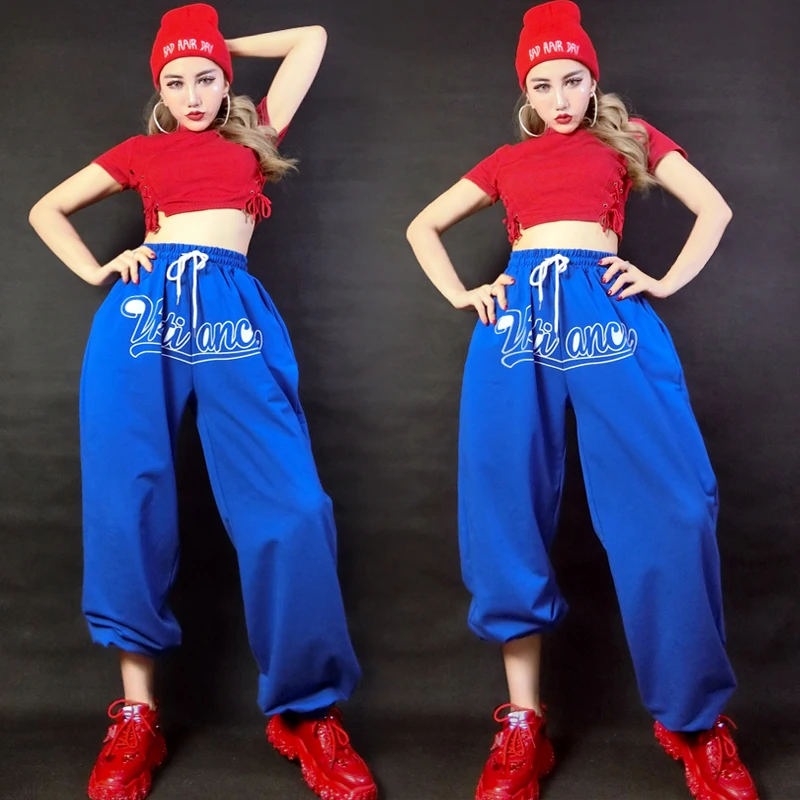 

Hip Hop Jazz Dance Costume Women Drawstring Crop Top Blouse Overalls Trouser Gogo Rave Outfit Girls Group Dance Clothing SL5537