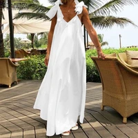 casual solid loose vestidos 2021 summer v neck straps sundress women holiday beach tie dress zanzea kaftan femme robe