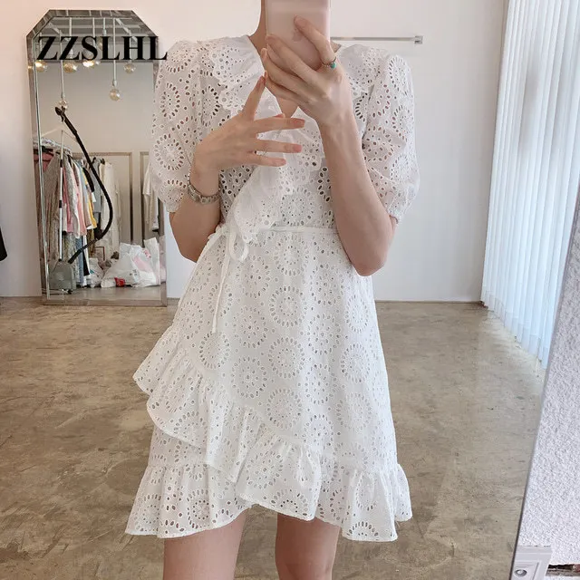 

Irregular chic retro hollow ruffled V-neck lace up short sleeve dress women