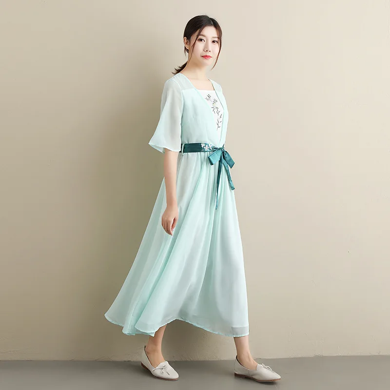 

Original Hanfu Women's Dress Fresh Temperament Retro Artistic Republic Wind Chiffon Embroidery Creative Dress Costume StageDress