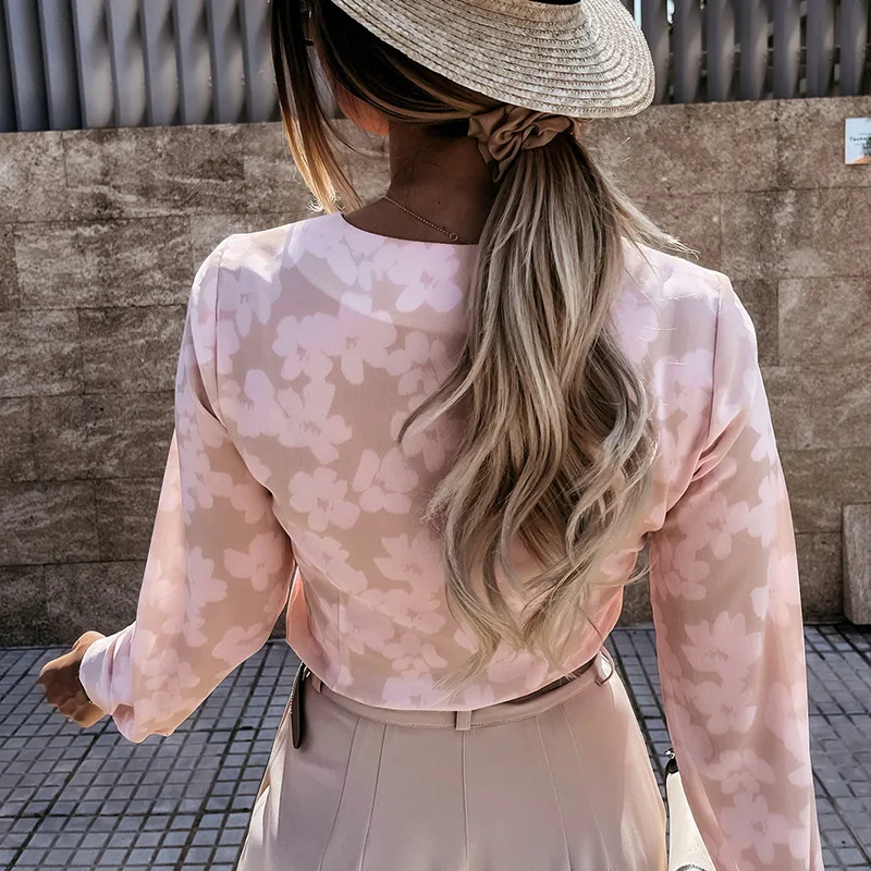 

Office Lady New Floral Print Slim Blouses 2021 Spring Summer Deep V Neck Shirts Tops Elegant Button Long SLeeve Streetwear Blusa