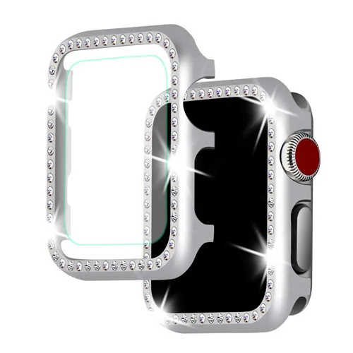 silver Чехол со стразами+ стекло для apple watch 5 4 3 apple watch band case 44 мм/40 мм iwatch band 42 мм/38 мм защитный чехол с кристаллами - Цвет: silver