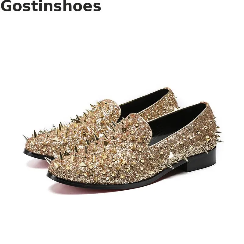 Модные мужские лоферы золотистого цвета с заклепками мужская повседневная обувь