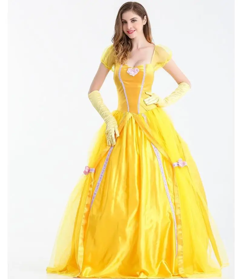 Halloween Beauty and the Beast Cosplay Costumes Adult Belle Princess Dresses For Women Anime Party Flower Yellow Long Dress |