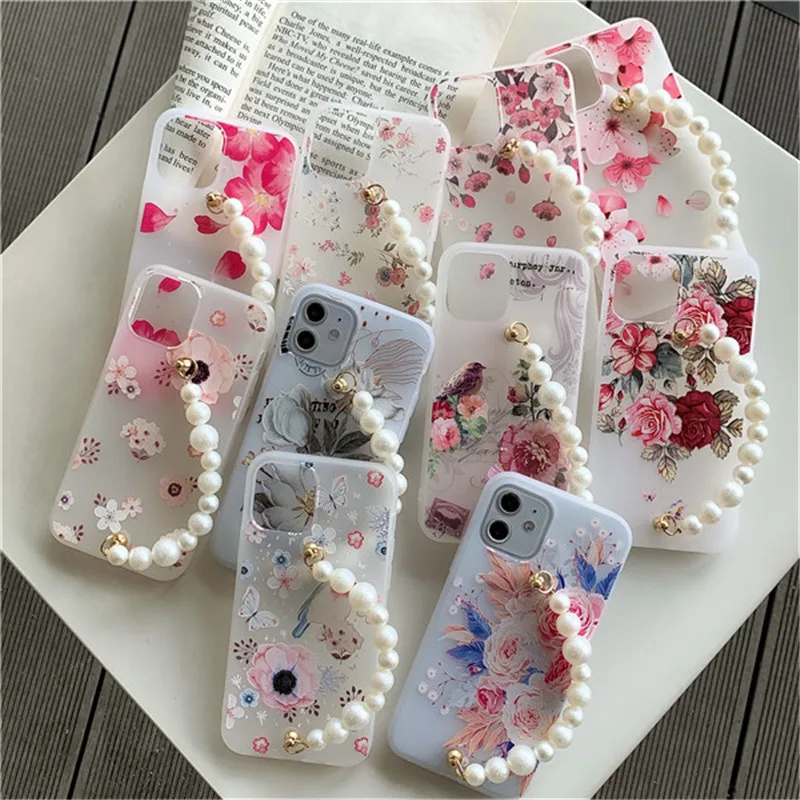 

For XiaoMi Poco M3 For RedMi Mi Note 9 9s 8 8T 7 Pro Fashion Pearl Bracelet Flowers Protective Cover Matte Phone Case Soft Shell