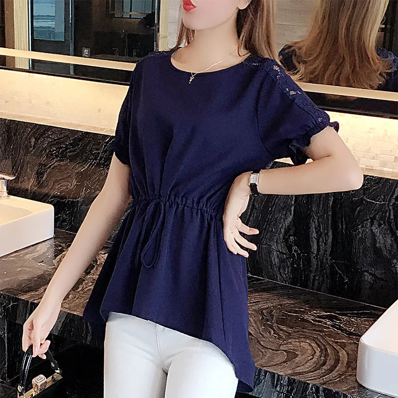 

Short Flare Lace Sleeves High Waist Tie Solid Shirt Women Wrinkle Fashion Long Loose Shirt 2021 Summer Loose Female Top Blouse