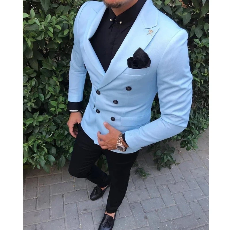 

2022 Light Blue Double Breasted Men Suits 2 Pieces Slim Fit Wedding Tuxedos for Prom Male Fashion Blazer Coat Pant Design Latest