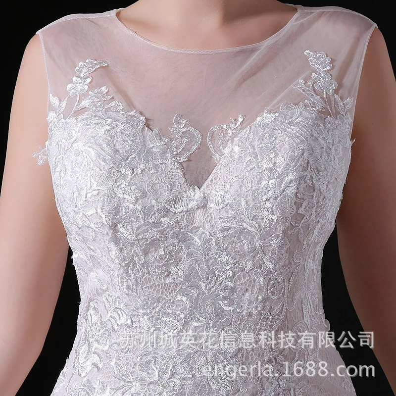 

Sexy Mermaid Wedding Dress O Neck White Tulle Dress Lace-up Lace Appliques Beads Bridal Gown Newest Coming Pakaian Pengantin