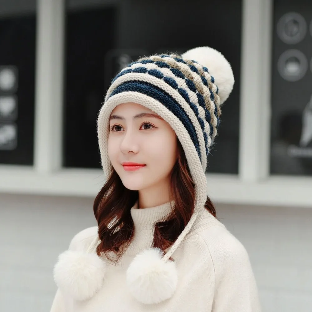 Зимняя женская Лыжная Шапка; шарф, комплект, вязаные теплые шапки с тремя помпонами, Женская Балаклава, шерстяная плотная шапка, шарф, комплект