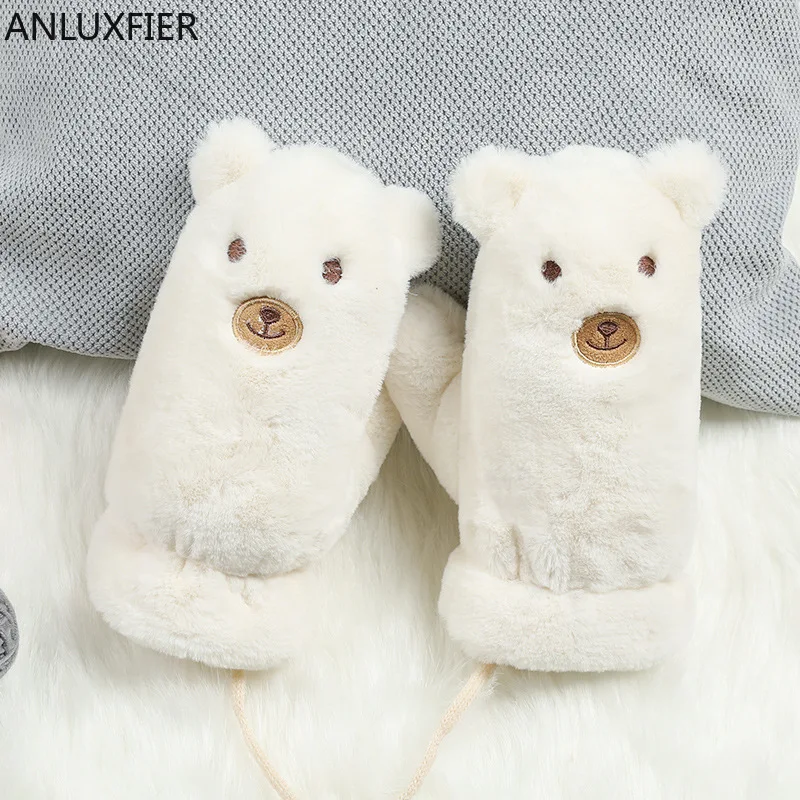 H10008 Children Gloves Plush Warm Small Bear Mittens Kids Winter Outdoor Lovely Hang Rope Korean Cute Thermal Thick Hand Muff