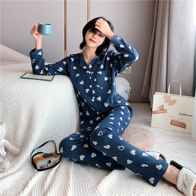 

Female Vintage Cotton Pajamas Suit Heart Print Turn-down Collar Shirt&Pant Casual Home Clothes Simple Style Sleepwear