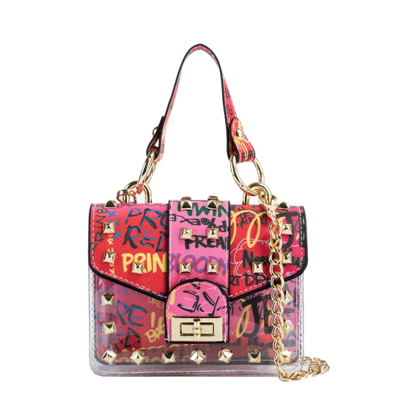 

2021 New Transparent Graffiti Jelly Lady Messenger Bag Rivet Leather Chain Lady Handbag Fashion 2-piece Set Lady Shoulder Bag