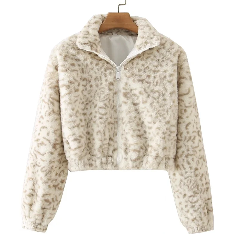 

ZXQJ Women 2021 Fashion Leopard Faux Fur Soft Touch Jacket Vintage Long Sleeve Hem Elastic Outerwear Chic Tops