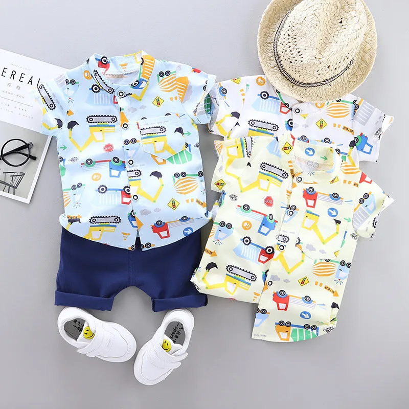 

0-4T Little Boys Sets Engineering Vehicle Shirt + Shorts Set Cute Boys Clothes Baby Boy Summer Clothes 2020 Toddler Clothing Set