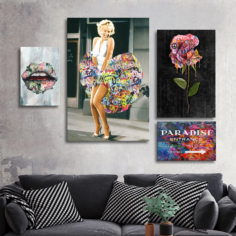 

Fashion Sexy Lady PARADISE Rose Lips Graffiti Art Canvas Painting Posters and Prints Wall Picture for Living Room Home Decor