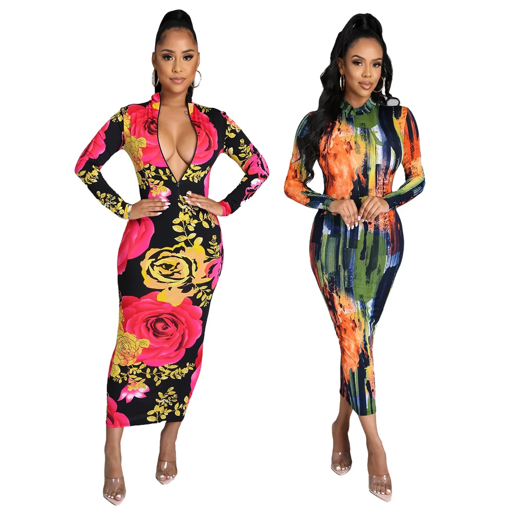 

Autumn Women's Dress Zipper Fashion Evening Dress Retro Chic Print Women's Dress V-neck Full Sleeve Printed Long Dress