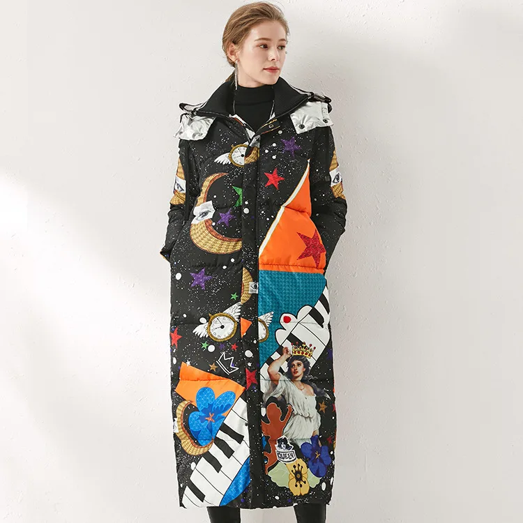 Новинка 2019 зимняя куртка с цветочным принтом женские пуховики куртки капюшоном