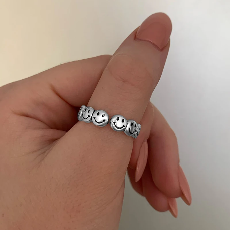 Vintage Ancient 2021 Silver Color Happy Smiling Face Open Rings for Women Men Unisex Hip Hop Adjustable Ring Fashion Jewelry