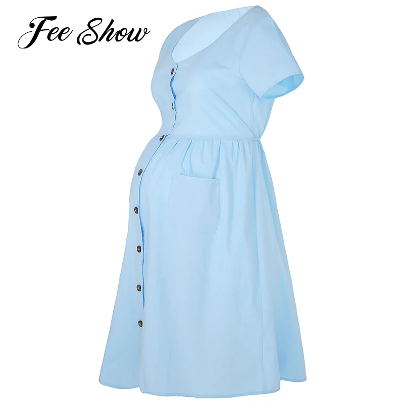 

Pregnancy Summer Clothes Women Maternity Dress Short Sleeve V-neckline Knee-length Comfy Cotton Dress for Pregnant Women