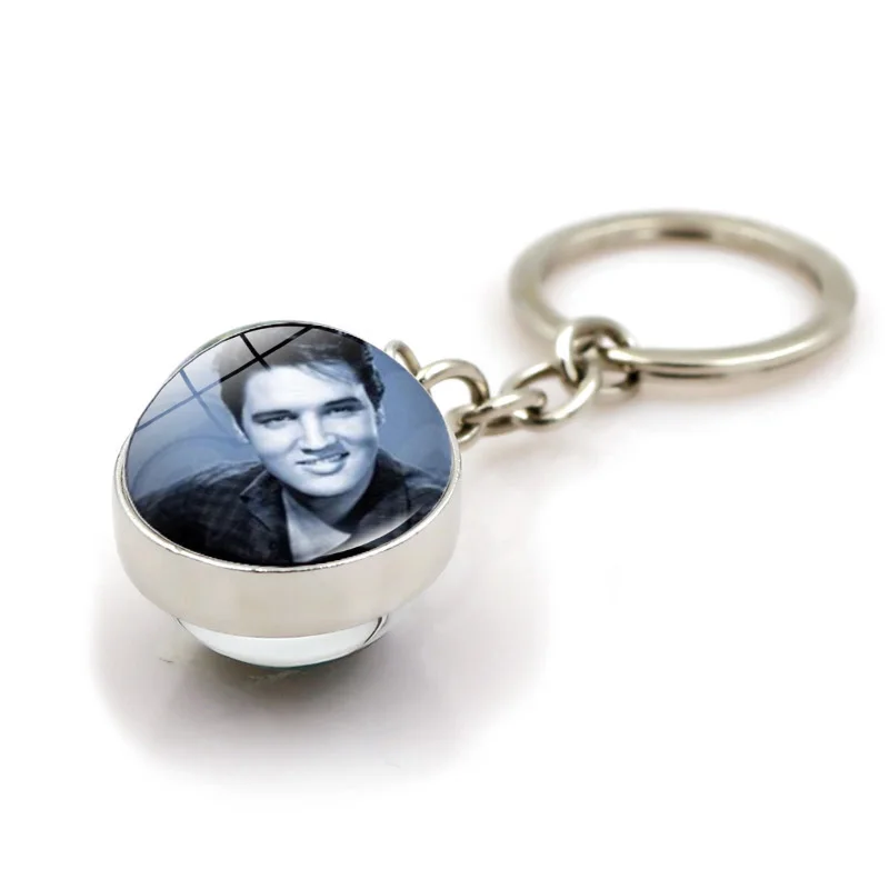 Elvis Presley Crystal Keychain Charms Jewelry Double Side Glass Ball Bag Pendant Key Chain Metal Key Ring Holder Star Fan Gift images - 6