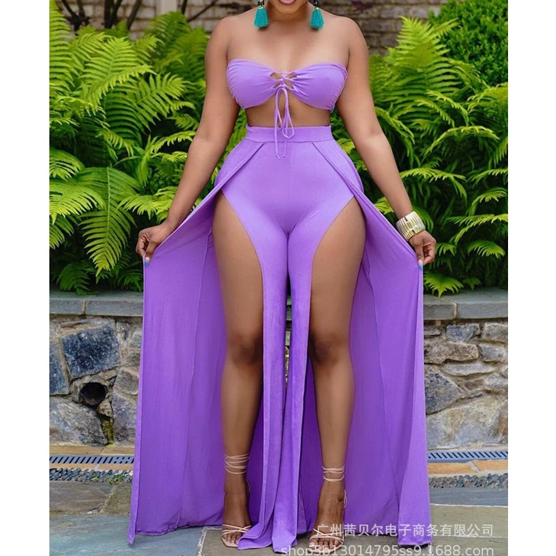 

Mandylandy Summer Fashion Strapless Bandage Backless Bra + High Waist Slit Wide Leg Pants Suit Womens Sexy Solid Color Slim Suit