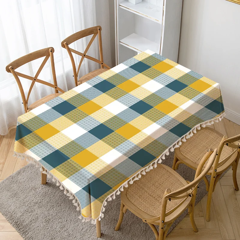 

Rural Grid printed Table Cloth Tassel Waterproof Tablecloth Thick Rectangular Manteles Mesa Nappe Wedding Decor Tea Table Cover