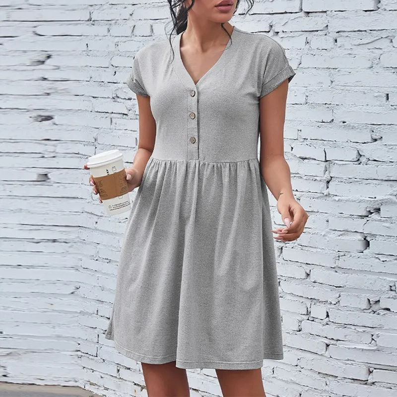 

Summer New Women Button Dress Solid Color Elegant Ladies Short Sleeve V Neck Mini Dress