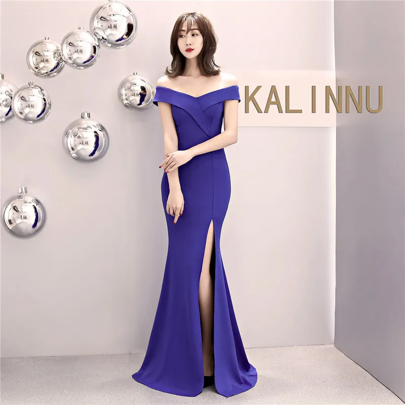Skyyue Evening Dress Off The Shoulder Women Party Dresses Short Sleeve Robe De Soiree Sexy V-neck Split Formal Gowns C087