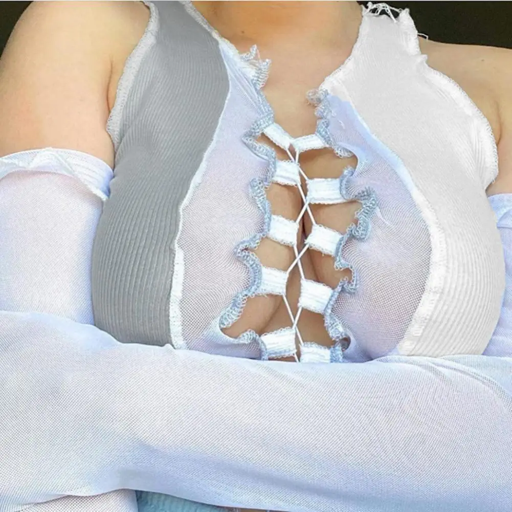 

sexy holes cut-out tassel crop top summer fashion patchwork mesh fabric tees Gothic activity cool slim sleeveless tshirt