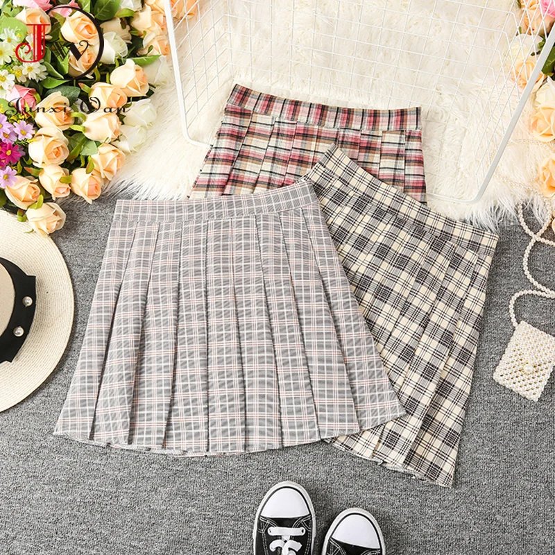 

Women Summer Plaid Skirt High Waist Print Cute Sweet Korean Girls Pleated Mini Skirts Faldas Jupes Saias