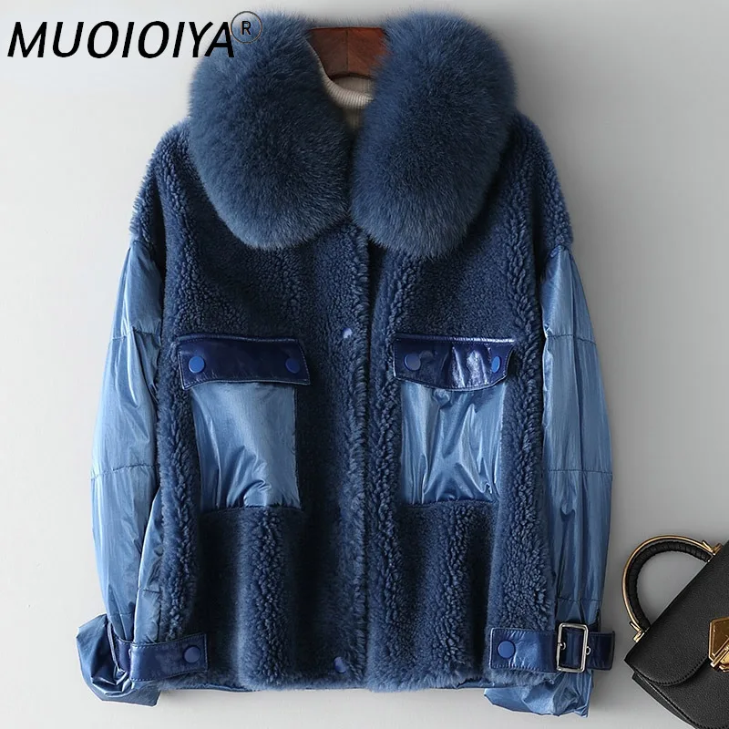 

Winter 100% Sheep Shearing Coat Female 2022 Real Fox Fur Collar Coats Women White Duck Down Jackets Manteau Femme Gxy206