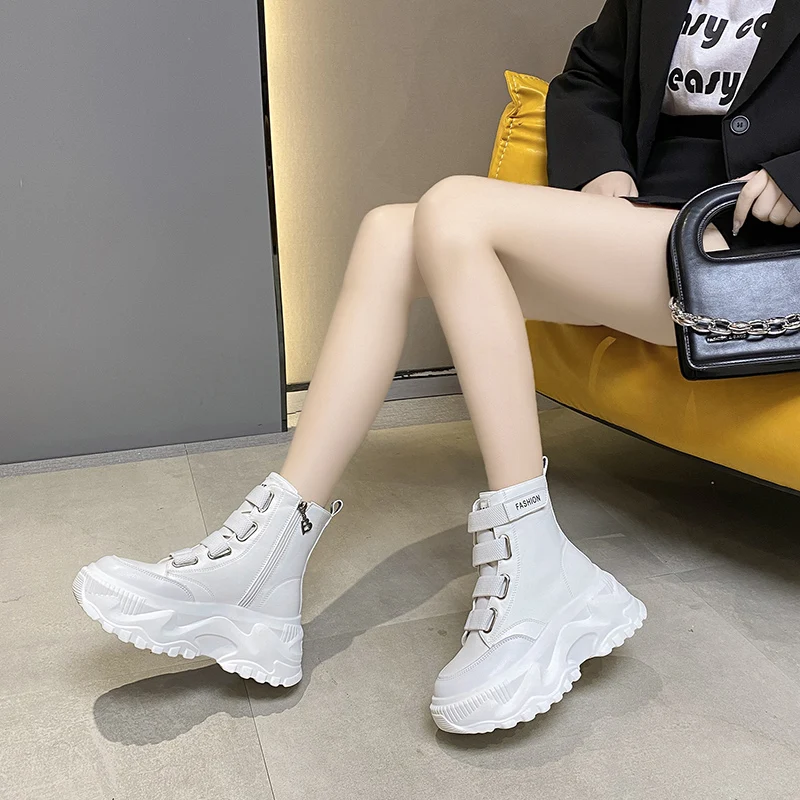 

Women Ankle Boots Fashion Chunky Sneakers Women High Top Winter Platform Shoes PU Leather Woman Shoes 7cm Wedges White Shoes