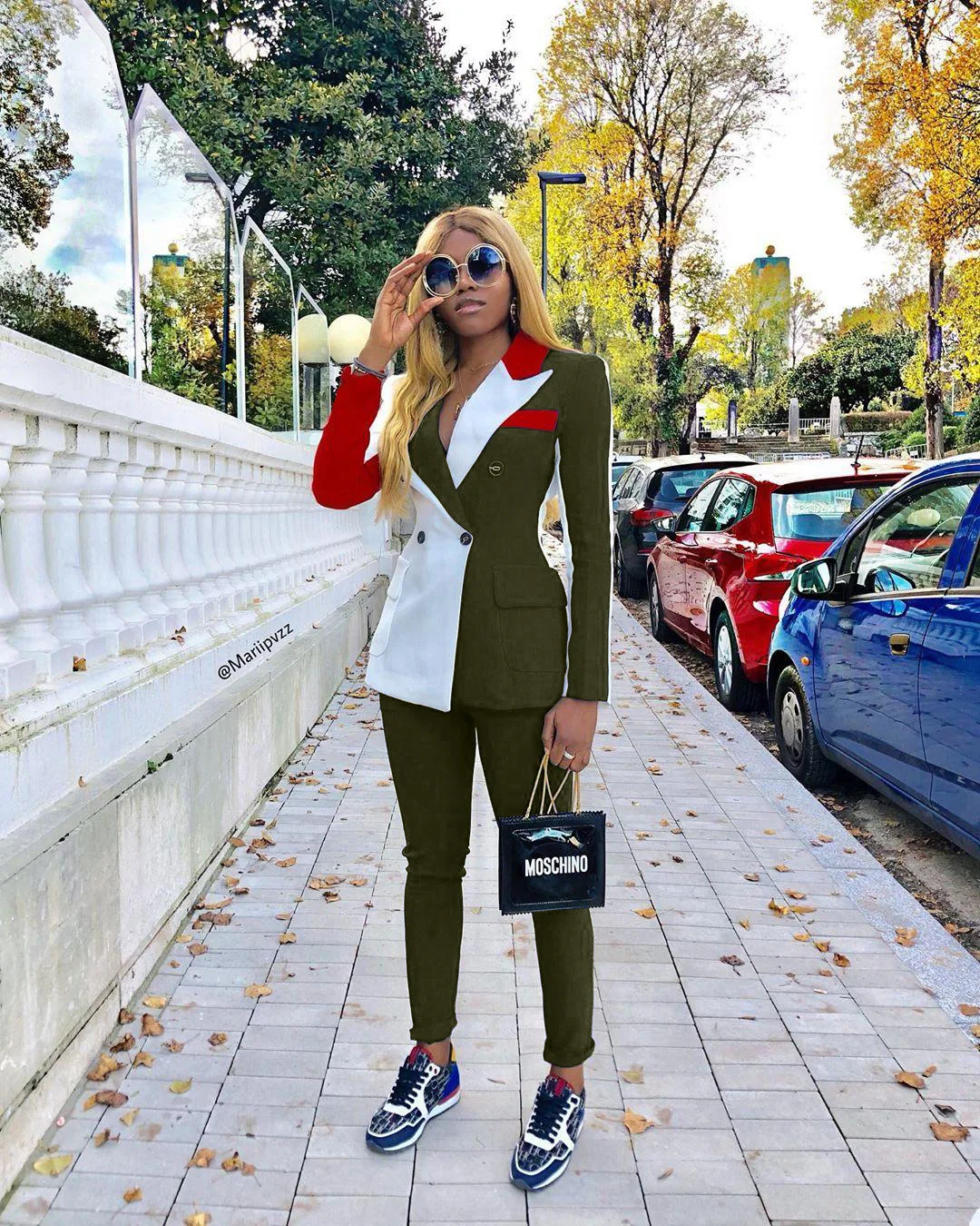 Army green Цветные Блоки Зубчатый воротник двубортный Блейзер и брюки наборы рабочая одежда женская Повседневная 2 шт набор наряды - Цвет: Army green