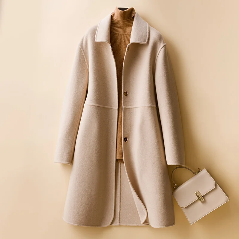 

100% Wool Woolen Long Coat Woman Autumn And Winter Turn-down Neck Wool Jacket Woman Casual Keep Warm Slim Solid Color Clothing
