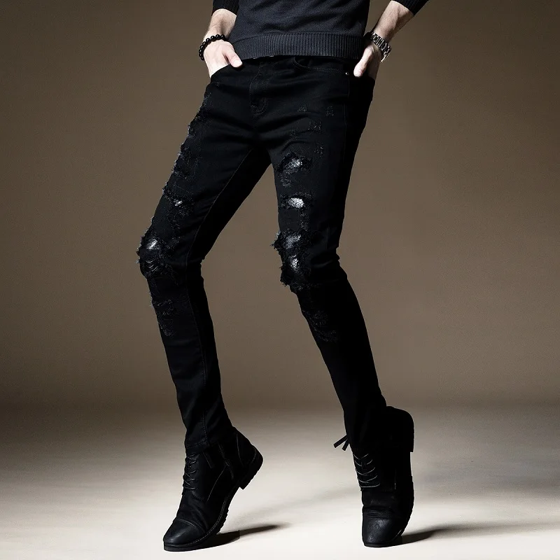 Black Ripped Hole Patch Jeans Men Fashion Slim Fit Pencil Pants Korean Style Casual Stretch Denim Trousers