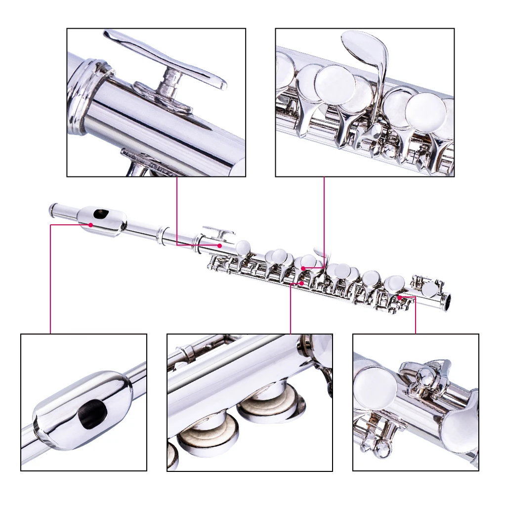 Silver Nickel Plated C Key Piccolo Set W/ Case Cleaning Rod And Cloth And Gloves Concert Piccolo enlarge