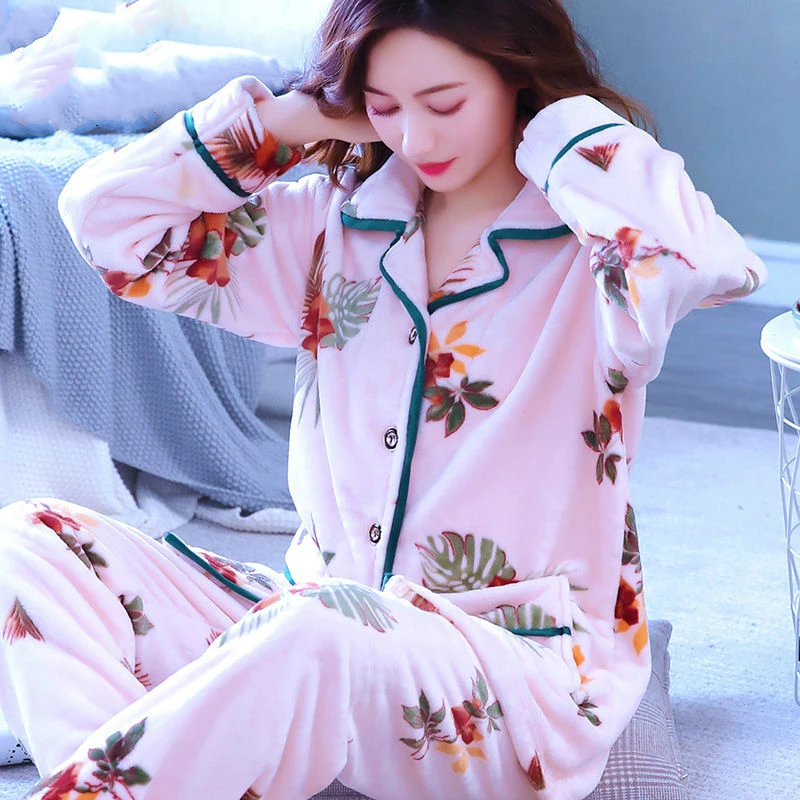 

Women Pajama Sets Flannel Plus Velvet Thicker Print Turn-down Collar Long Sleeve Embroidery Winter Thermal Homewear Soft Elegant