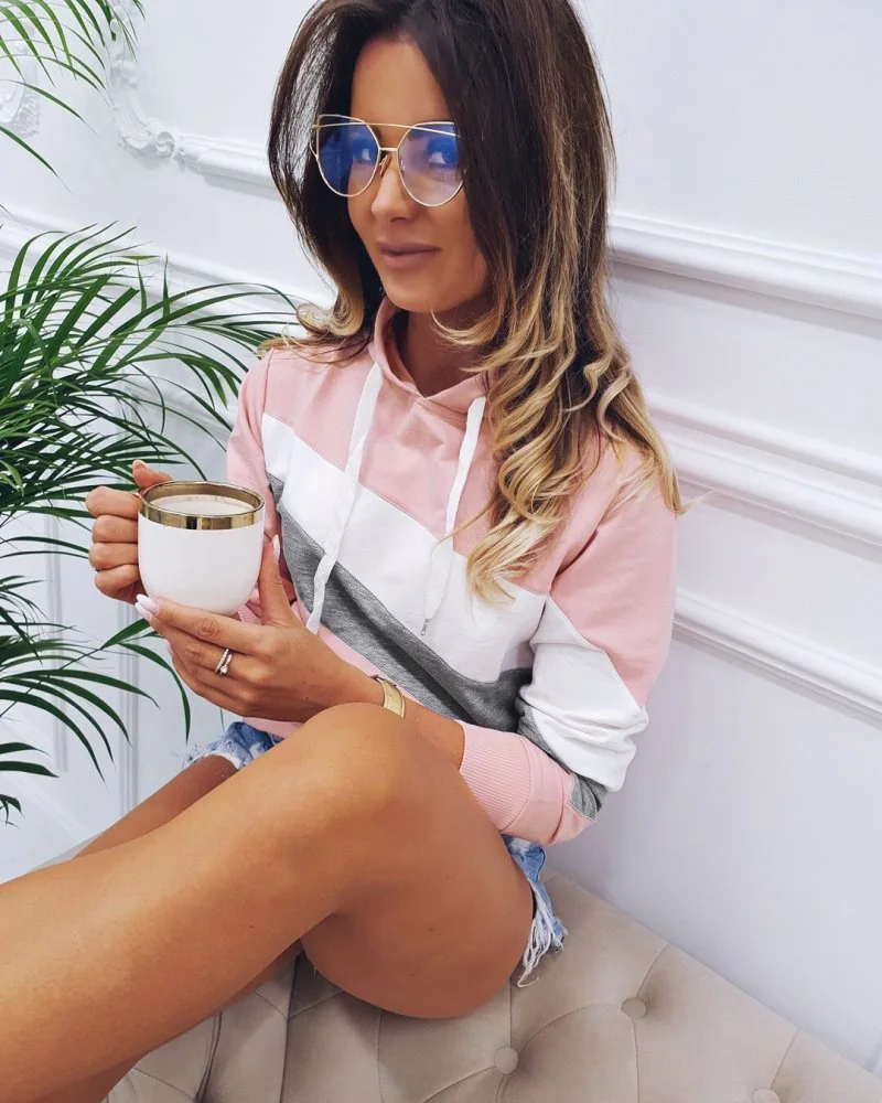 

Woman's Clothes Autumn Patchwork Drawstring Hoodies Long Sleeve Sweatshirt Female Casual Loose Color Matching Hooded Pullover