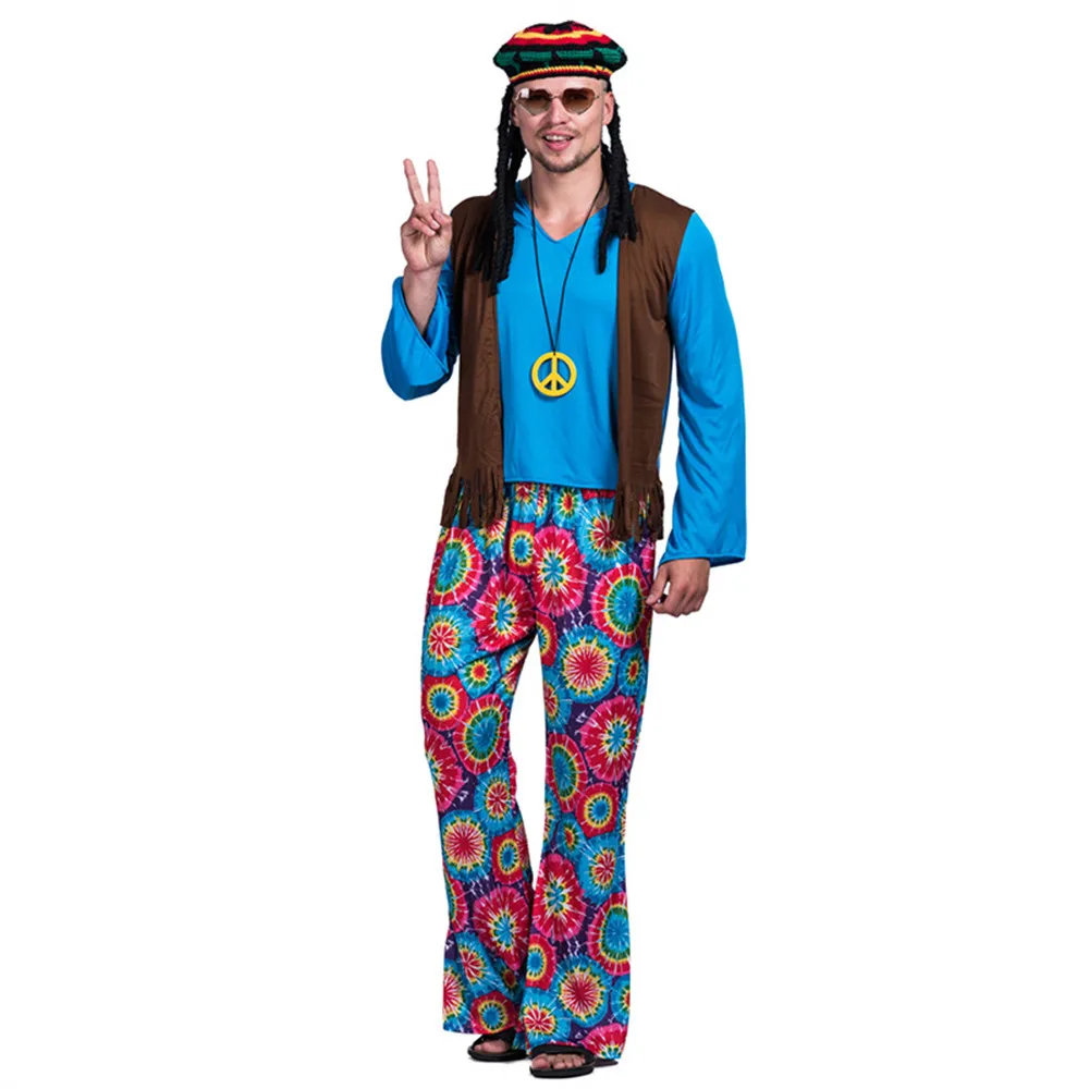 

Костюм ретро для взрослых в стиле хиппи с надписью «Love Peace» в стиле ретро 60-х годов, костюм для косплея, безрукавка, костюм на Хэллоуин, Пурим ...