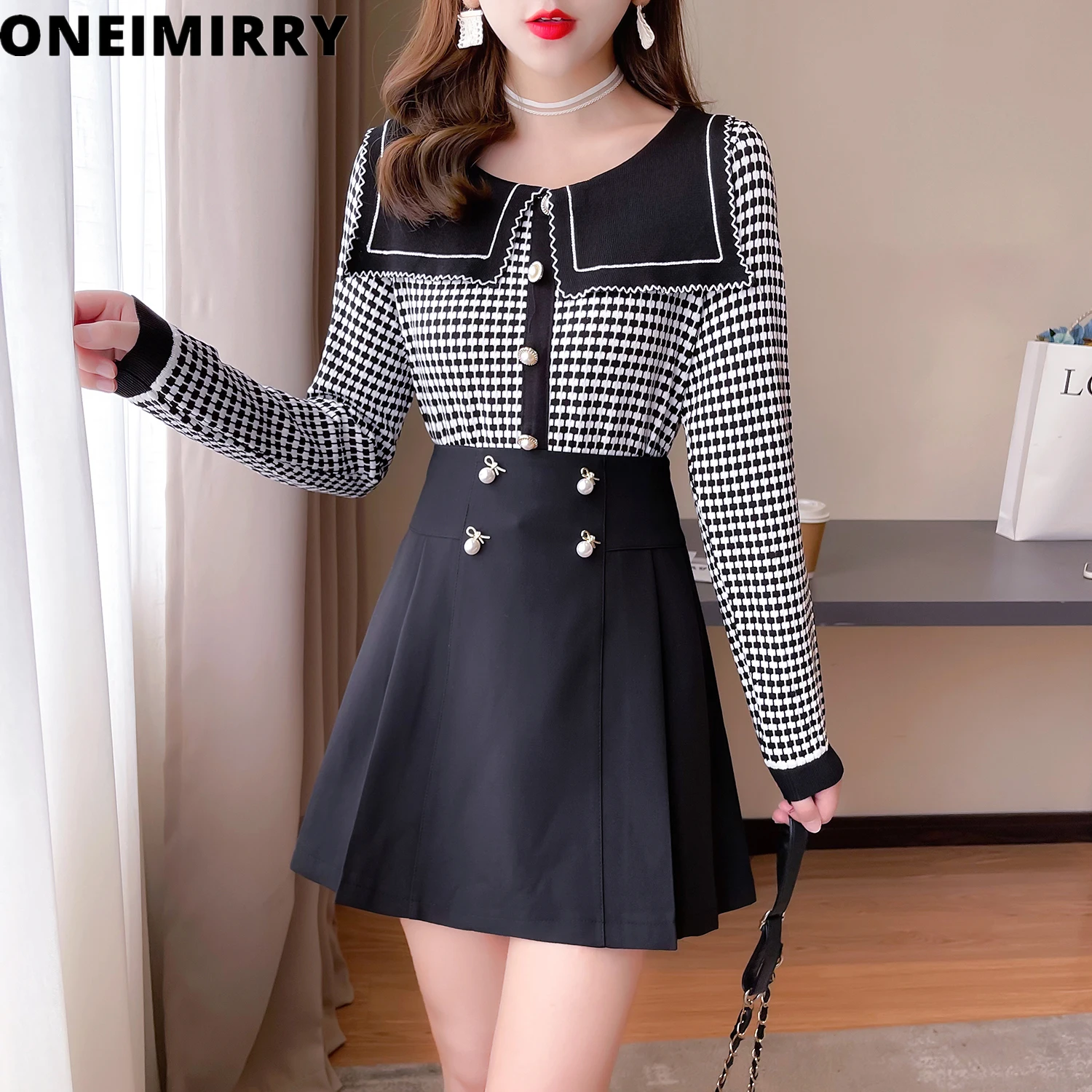 

Houndstooth Tops + Mini Skirts Women Two Piece Sets Fashion Pearls Buttons Black Matching Outfits 2 Piece Set Female Clothes