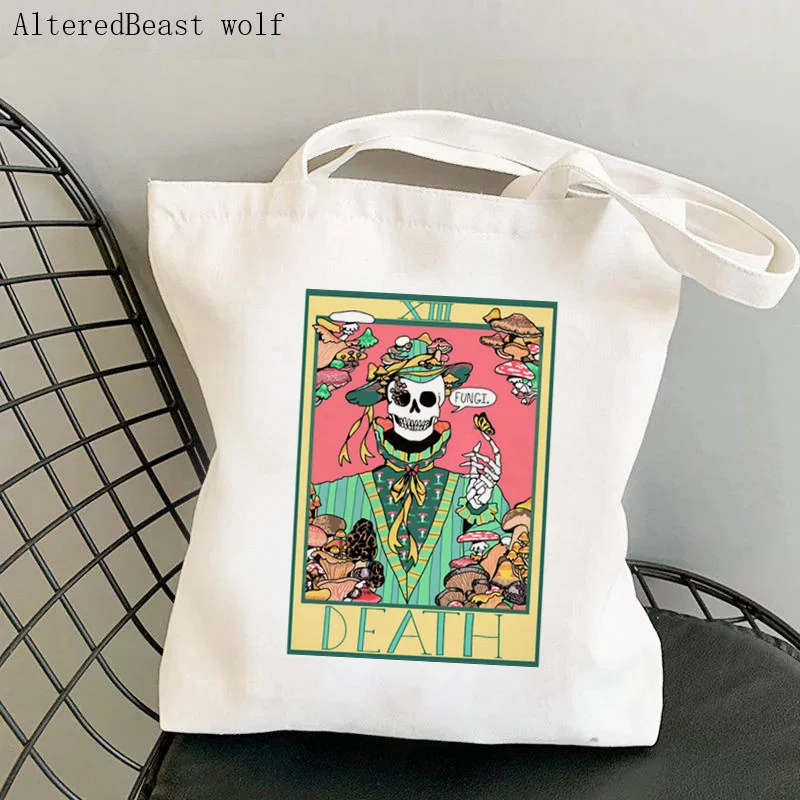 

Women Shopper bag Death Skull Tarot Wear a hat Bag Harajuku Shopping Canvas Shopper Bag girl handbag Tote Shoulder Lady Bag