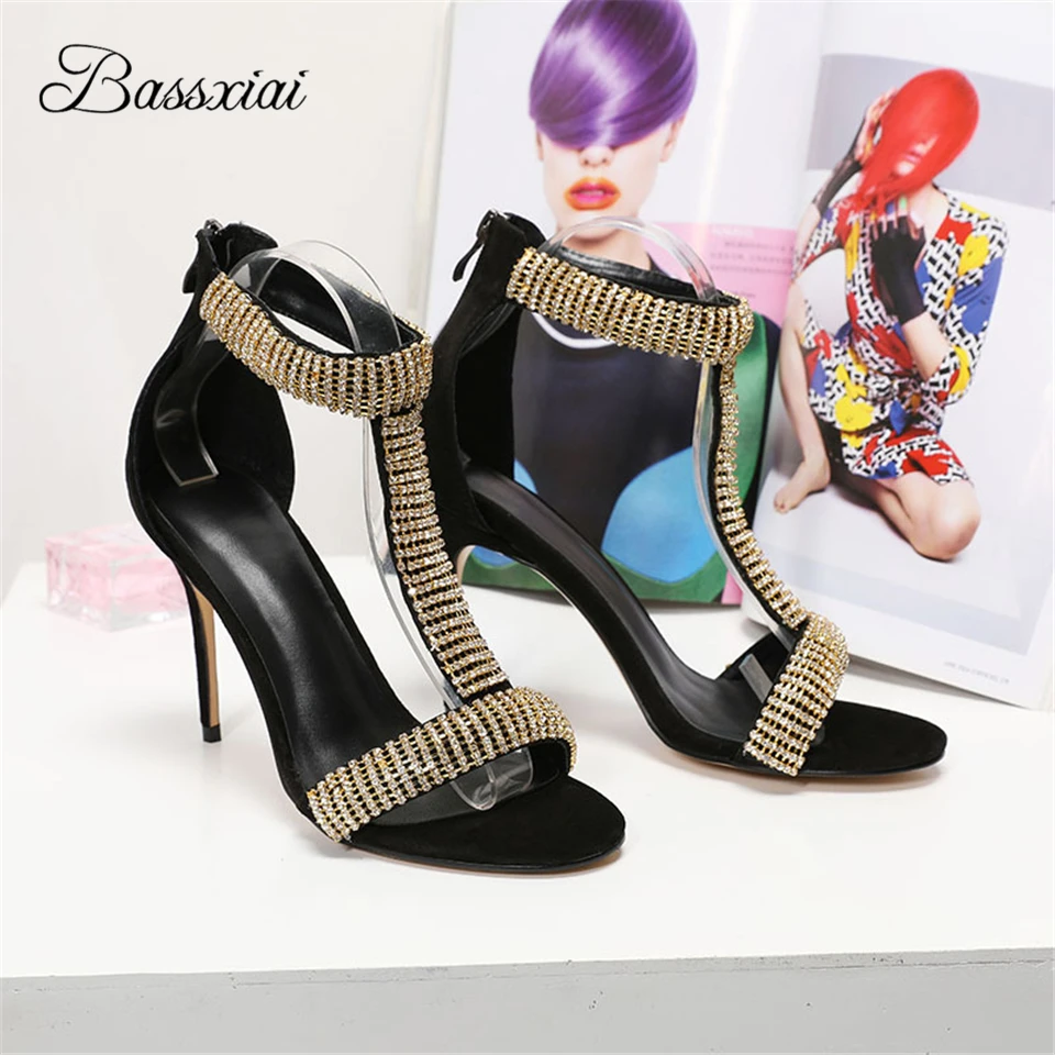 

Jeweled Rhinestone T-Strap Sandals For Girls Women Luxury Suede Open Toe Back Zip 10cm Thin High Heel Summer Sandalias