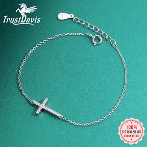 Trustdave Настоящее серебро 925 пробы Модный милый простой крест сверкающий CZ браслет для женщин Свадебная вечеринка Изящные Ювелирные изделия DA1390