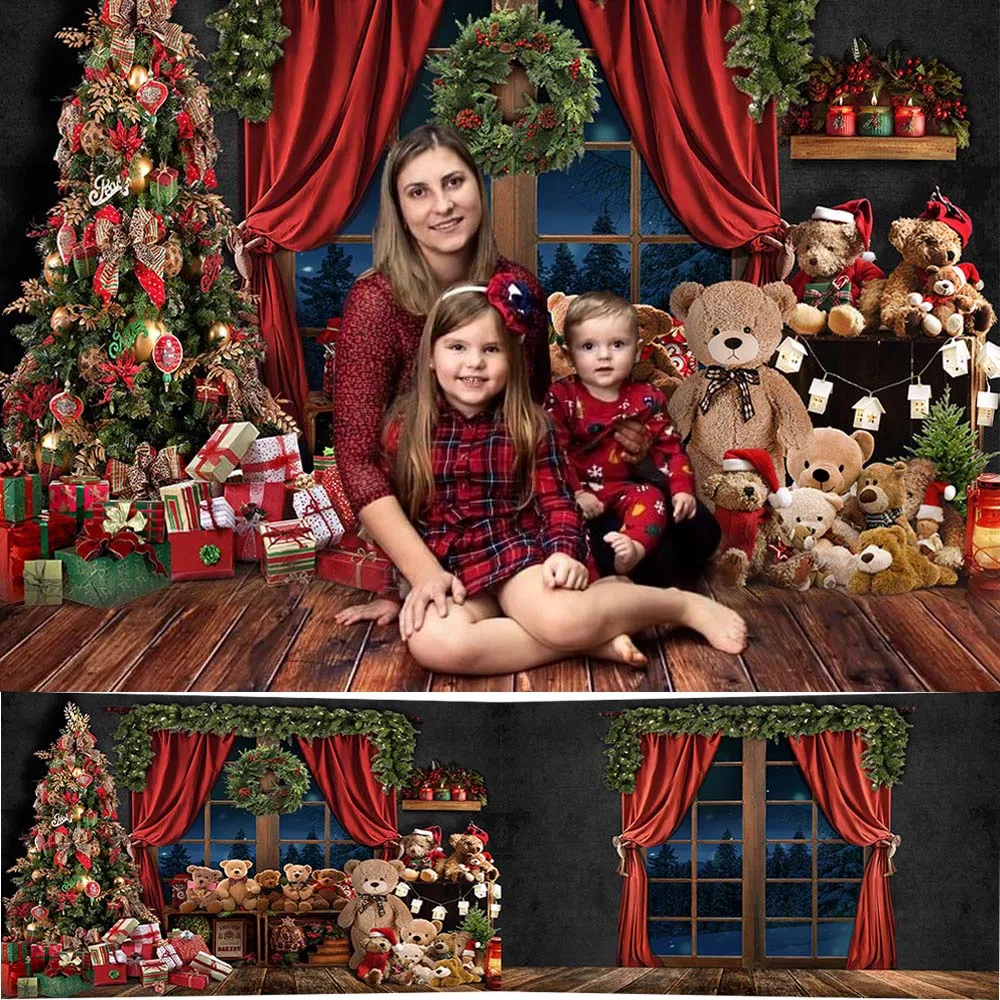 Рождественская комната окно фотография Фон елка медведь игрушка подарок
