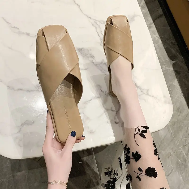 

Cover Toe Slippers Casual Shoes Woman 2021 Pantofle Low Luxury Flat Soft New Spring Slides Square heel PU Basic Fashion Buckle S